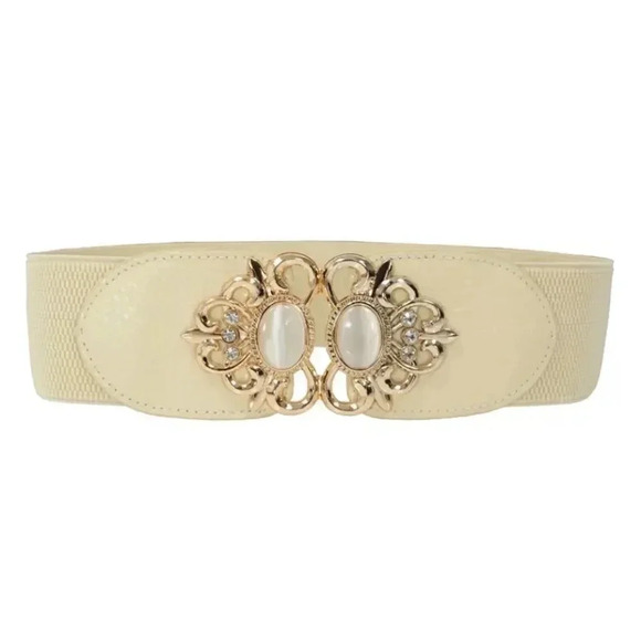 Rinat Accessories - ATLAS High Quality Vegan Leather Embellished Elastic Belt CREAM - GOLD